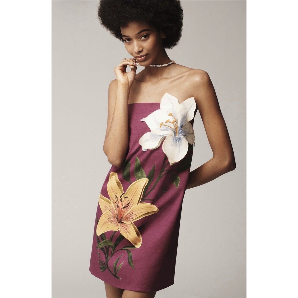 Farm Rio Anthropologie Mini Dress Strapless 3D Purple Floral Vacay Size XL NWT